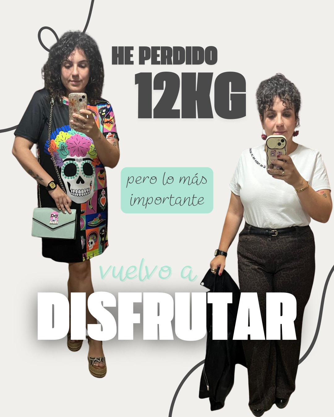 Amanda antes y después del programa, con el mensaje: he perdido 12 kg, pero lo más importante, vuelve a disfrutar