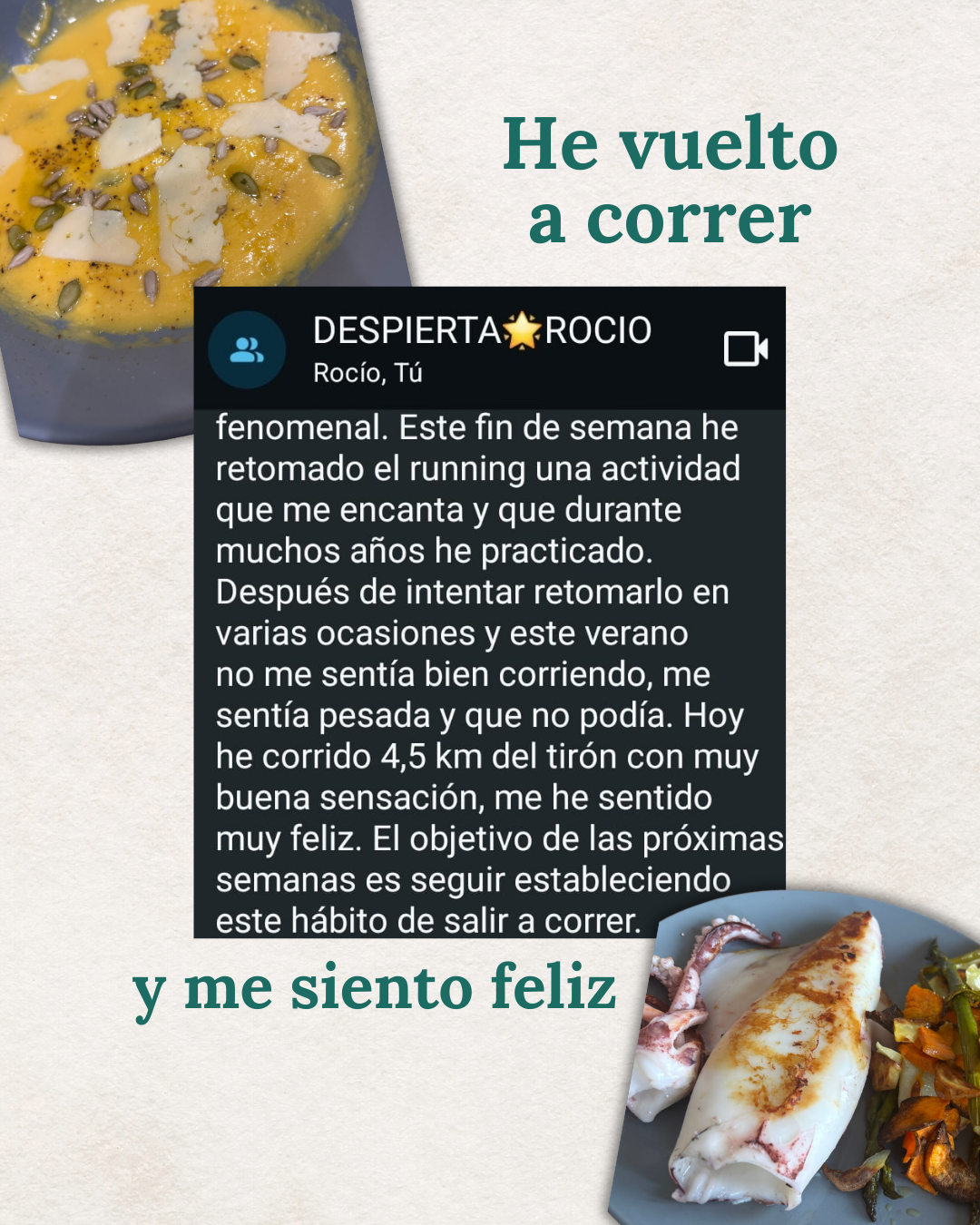 Mensaje de Rocío contando que ha vuelto a correr y se siente feliz